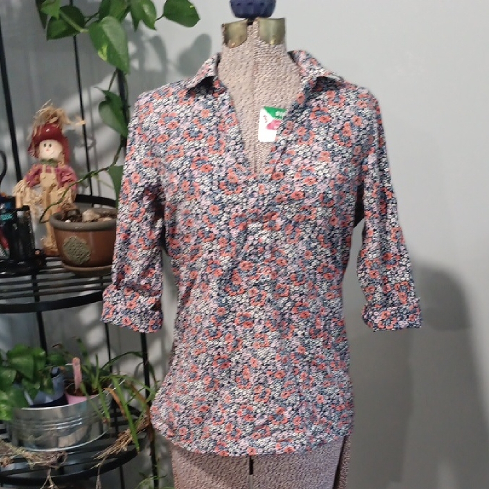 L.L. Bean Navy Floral Blouse